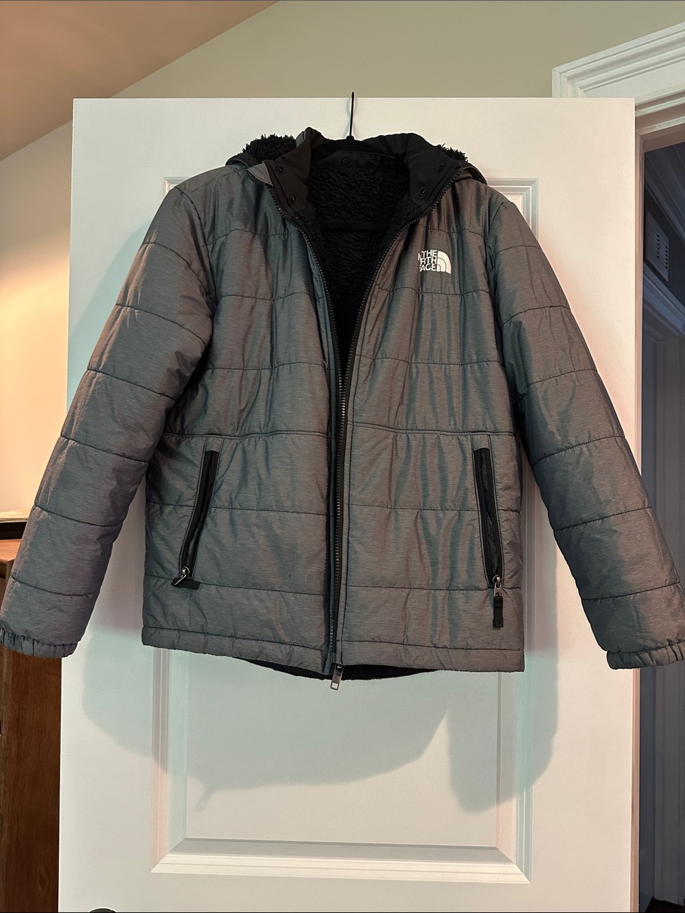 The North Face Kids' Gray Quilted Puffer Jacket with Hood Reversible